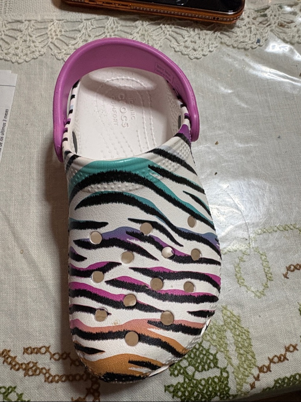 CROCS Kids Zebra Print Clog with Pink Strap and Multicolor Stripes